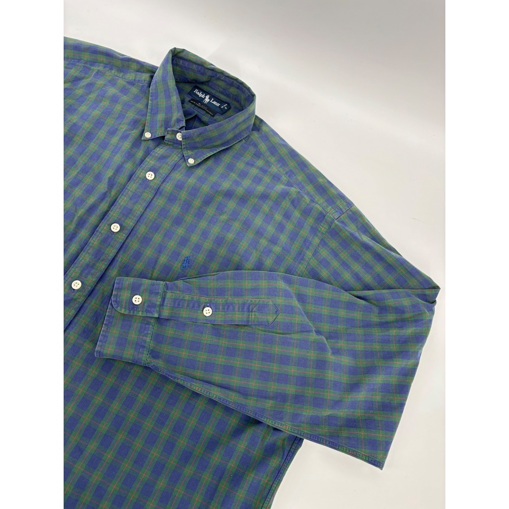 Ralph Lauren Blake Mens Large Green Blue Gingham Plaid Cotton Button Down Shirt